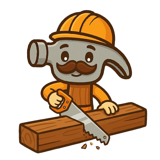 Chippy the hammer mascot sawing wood